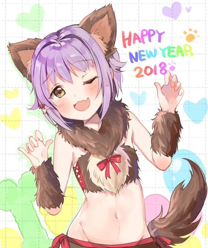 2018 ;3 ;d animal_costume animal_ears arm_warmers bangs blush bone bone_hair_ornament chinese_zodiac chocho_(homelessfox) commentary dog_ears dog_tail english eyebrows_visible_through_hair fang groin hair_ornament hairclip happy_new_year idolmaster idolmaster_cinderella_girls koshimizu_sachiko looking_at_viewer midriff navel new_year one_eye_closed open_mouth paw_print purple_hair short_hair smile solo star stomach strapless tail tubetop upper_body year_of_the_dog yellow_eyes