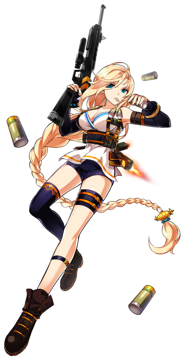 artist_request belt black_footwear black_legwear black_shorts blonde_hair blue_eyes braid breasts cleavage elsword explosive freyja_(elsword) full_body grenade gun holding holding_gun holding_weapon large_breasts legs long_hair looking_at_viewer mouth_hold official_art rose_(elsword) shoes short_shorts shorts single_thighhigh solo thighhighs thighlet transparent_background very_long_hair weapon