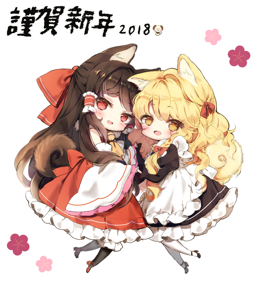 :d animal_ears apron bell bell_collar blonde_hair bloomers blush bow braid brown_hair check_translation chibi collar commentary_request detached_sleeves dog_ears dog_tail dress frilled_skirt frills hair_bow hair_ribbon hakurei_reimu half_updo high_heels holding_hands juliet_sleeves kemonomimi_mode kirisame_marisa long_hair long_sleeves looking_at_viewer mary_janes multiple_girls open_mouth pantyhose piyokichi puffy_sleeves red_eyes ribbon shoes side_braid single_braid skirt smile straight_hair tail touhou translation_request underwear very_long_hair wavy_hair yellow_eyes