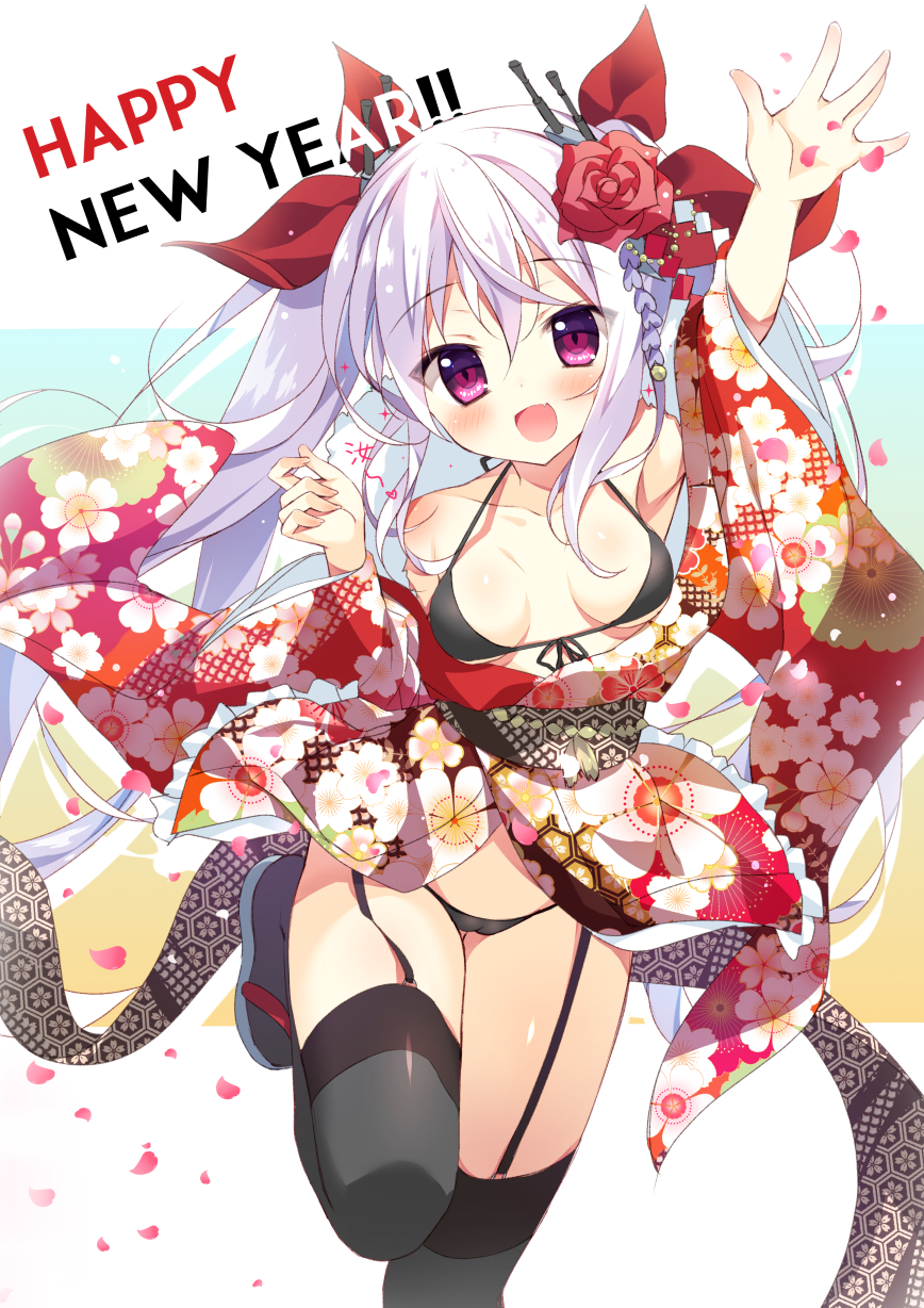 :d arm_up azur_lane bikini bikini_under_clothes black_bikini black_footwear black_legwear blush breasts cameltoe commentary_request english eyebrows_visible_through_hair fang floral_print flower garter_straps hair_flower hair_ornament hair_ribbon happy_new_year headgear heart highres inverted_colors japanese_clothes kanzashi kimono leg_up long_sleeves looking_at_viewer lowleg lowleg_bikini new_year open_clothes open_kimono open_mouth petals pink_eyes print_kimono red_flower red_ribbon red_rose ribbon ringed_eyes rose sandals shiny shiny_hair sidelocks silver_hair small_breasts smile solo sparkle spread_fingers standing standing_on_one_leg swimsuit tanoma_suzume tareme thighhighs twintails underboob unmoving_pattern vampire_(azur_lane) wide_sleeves