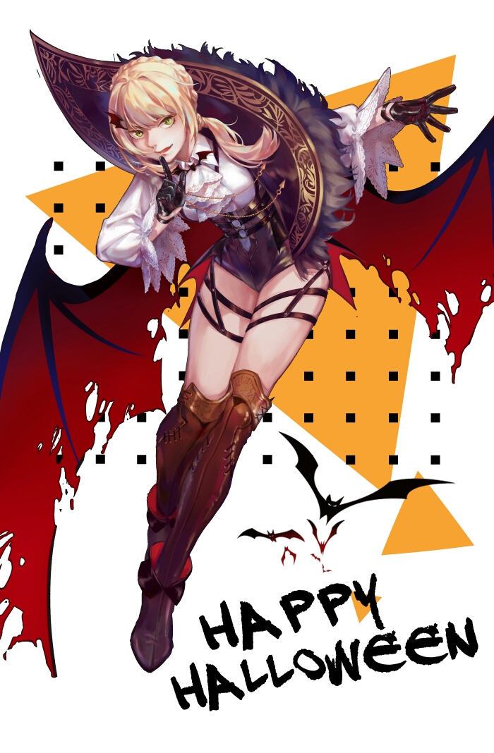 aiguillette alternate_costume alternate_hairstyle argyle ascot bangs bat black_gloves blonde_hair blush boots braid brown_footwear ck_(26982497) collared_shirt commentary crown_braid fangs finger_to_mouth flight floating floating_hair flying french_braid full_body girls_frontline gloves green_eyes gun halloween happy_halloween high_heel_boots high_heels holster index_finger_raised long_sleeves looking_at_viewer low_ponytail o-ring open_mouth outstretched_hand ponytail red_wings shiny shiny_clothes shiny_hair shirt shushing simple_background skindentation smile solo star thigh_boots thigh_holster thighhighs torn_wings vampire vampire_costume weapon welrod_mk2_(girls_frontline) white_shirt wide_sleeves wind wind_lift wing_hair_ornament wings wristband