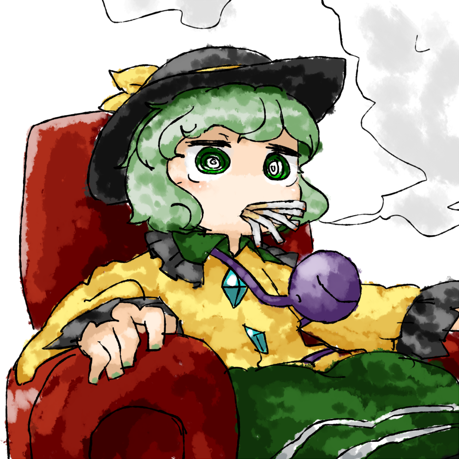 @_@ black_hat blank_stare bow chair check_commentary cigarette collar collared_shirt commentary_request fingernails frilled_collar frills gem green_collar green_eyes green_hair green_nails green_skirt hat hat_bow hat_ribbon komeiji_koishi long_sleeves nail_polish ribbon shirt short_sleeves simple_background sitting skirt smoke smoking solo thick_eyebrows touhou white_background wing_collar yaise yellow_bow yellow_ribbon yellow_shirt