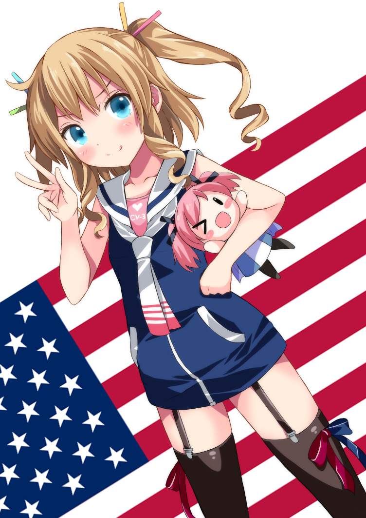 &gt;_o :d :q american_flag azur_lane bangs bare_arms black_legwear blonde_hair blue_dress blue_eyes blush blush_stickers bow character_doll closed_mouth commentary dress dutch_angle eyebrows_visible_through_hair flag_background garter_straps gridley_(azur_lane) hair_ornament heart konpotsu long_hair looking_at_viewer one_eye_closed open_mouth sailor_collar sailor_dress saratoga_(azur_lane) sidelocks sleeveless sleeveless_dress smile solo thighhighs tongue tongue_out two_side_up v v-shaped_eyebrows white_background white_neckwear white_sailor_collar