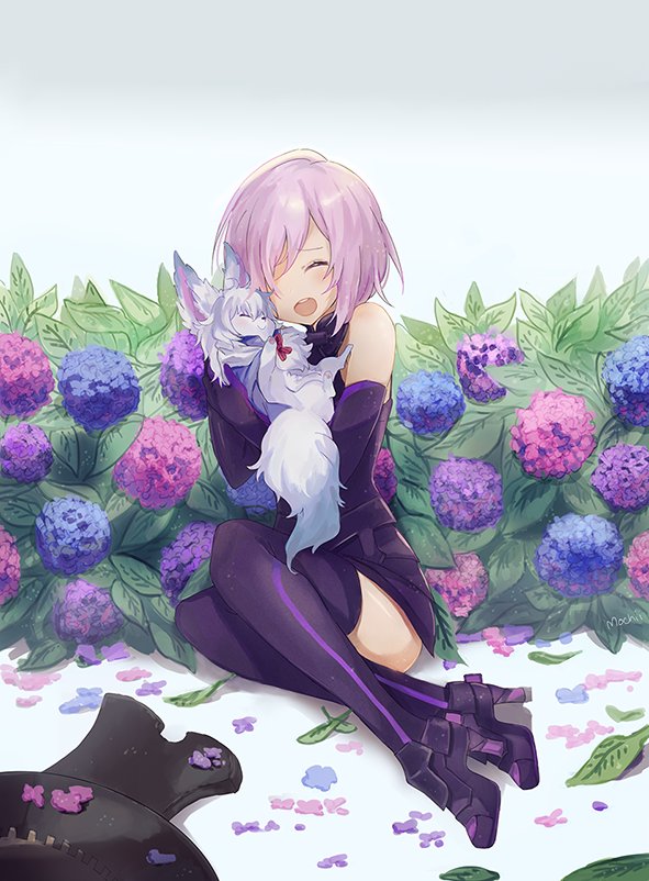 :d armor blue_flower blush boots closed_eyes commentary creature elbow_gloves fate/grand_order fate_(series) flower fou_(fate/grand_order) gloves high_heel_boots high_heels hug hydrangea legs_together mash_kyrielight mochii open_mouth pink_hair purple_flower purple_gloves purple_legwear shield short_hair sitting smile thighhighs