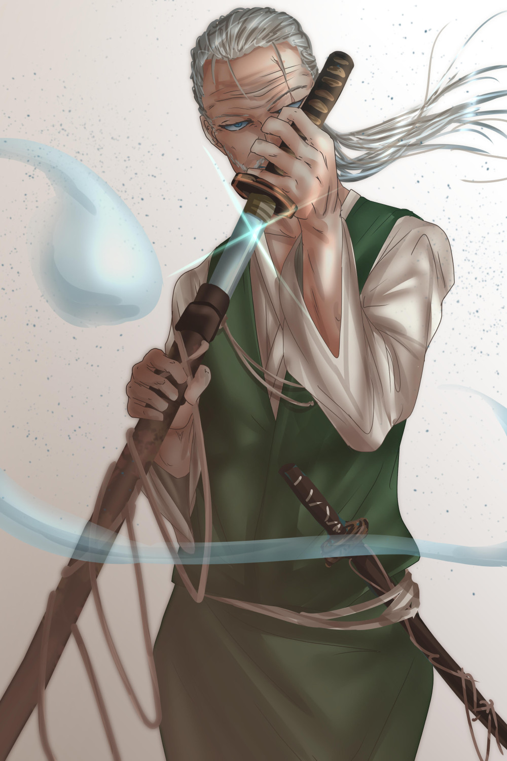 blue_eyes cowboy_shot gradient gradient_background hand_up highres holding holding_sword holding_weapon konpaku_youki konpaku_youmu konpaku_youmu_(ghost) left-handed long_hair looking_at_viewer male_focus scabbard scar scar_across_eye sheath shounen_(hogehoge) solo sparkle sword touhou two-handed unsheathing weapon white_hair