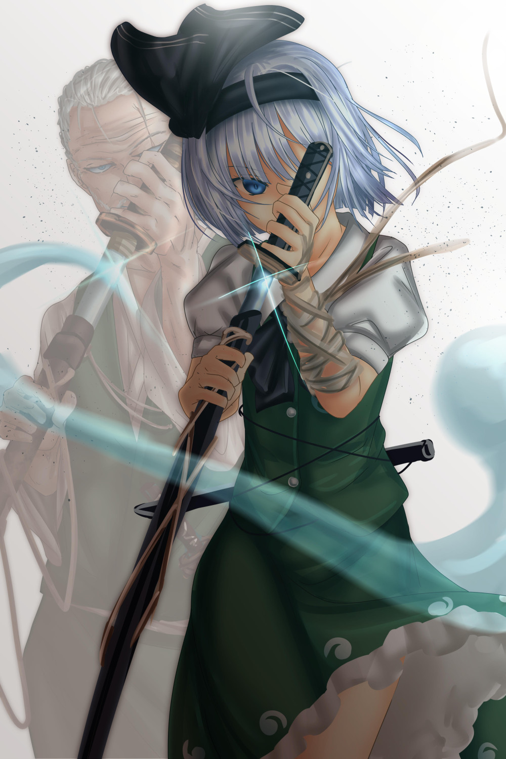 1girl ahoge bandaged_arm bandages bangs black_bow black_neckwear blue_eyes bow bowtie buttons commentary_request cowboy_shot eyebrows_visible_through_hair gradient gradient_background green_skirt hair_bow hand_up highres holding holding_sword holding_weapon konpaku_youki konpaku_youmu konpaku_youmu_(ghost) looking_at_viewer puffy_short_sleeves puffy_sleeves scabbard scar scar_across_eye sheath short_hair short_sleeves shounen_(hogehoge) skirt skirt_set sparkle sword touhou two-handed unsheathing weapon white_hair