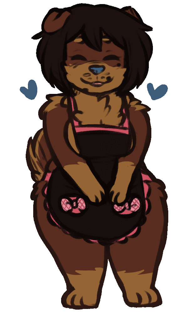 &lt;3 2018 animated anthro apron breasts brown_fur brown_hair canine clothing dog eripuppy eyes_closed female fur hair mammal side_boob smile solo standing