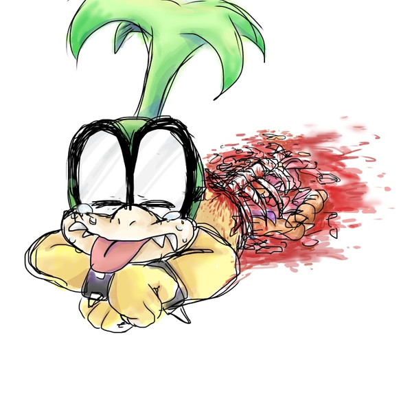 blood blood_splatter bone bracelet crossed_arms crying death eyewear fangs glasses gore green_hair grotesque_death guts hair iggy_koopa intestines jewelry koopa koopaling lying mario_bros nintendo organs ribs sad scalie simple_background spiked_bracelet spikes tears tongue tongue_out unknown_artist video_games what white_background why