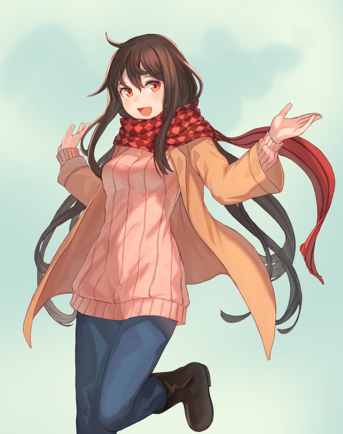 ahoge bangs blue_background blush boots breasts brown_footwear brown_hair checkered checkered_scarf denim gradient gradient_background hands_up jacket jeans knee_boots leg_up long_hair long_sleeves looking_at_viewer medium_breasts open_clothes open_jacket orange_jacket original pants peroncho pink_sweater red_eyes red_scarf scarf sidelocks solo standing standing_on_one_leg sweater tareme very_long_hair