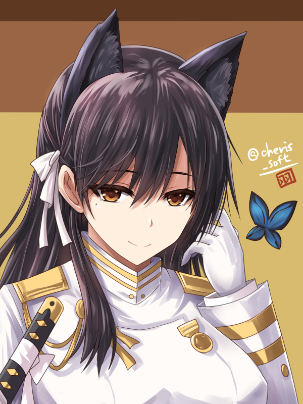 animal_ears atago_(azur_lane) azur_lane badge black_hair breasts brown_eyes bug butterfly closed_mouth extra_ears eyebrows_visible_through_hair gloves hair_ribbon hand_up haura_akitoshi insect long_hair long_sleeves looking_at_viewer medium_breasts military military_uniform mole mole_under_eye ribbon shaded_face shiny shiny_hair smile solo sword tsurime twitter_username two-tone_background uniform upper_body weapon white_gloves white_ribbon yellow_background