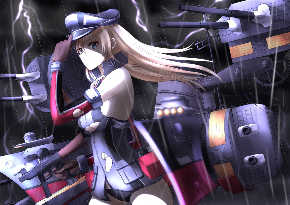 anchor_earrings banned_artist bare_shoulders bismarck_(kantai_collection) black_gloves black_hat black_panties blonde_hair blue_eyes breasts cannon closed_mouth cloud cloudy_sky cowboy_shot detached_sleeves earrings from_side gloves gun hair_between_eyes hand_on_headwear hand_up hat holding holding_gun holding_weapon itsuwa_(continue) jewelry kantai_collection large_breasts lightning long_hair long_sleeves machinery md5_mismatch no_bra no_pants outdoors panties peaked_cap pocket rain rigging serious shaded_face sideboob sideways_glance sky solo standing torn_clothes trigger_discipline turret underboob underwear water weapon