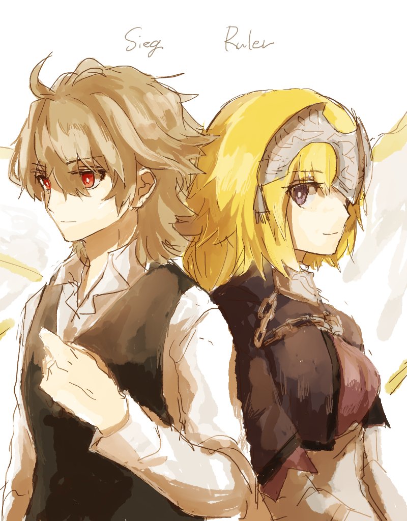 1boy 1girl ahoge armor armored_dress back-to-back bangs blonde_hair breasts brown_hair capelet chains cloak couple eyebrows_visible_through_hair fate/apocrypha gauntlets hair_between_eyes headpiece hetero jeanne_d'arc_(fate) jeanne_d'arc_(fate)_(all) kusousia large_breasts long_hair long_sleeves looking_back purple_capelet purple_cloak purple_eyes red_eyes ruler_(fate/apocrypha) shirt short_hair sieg_(fate/apocrypha) waistcoat white_shirt