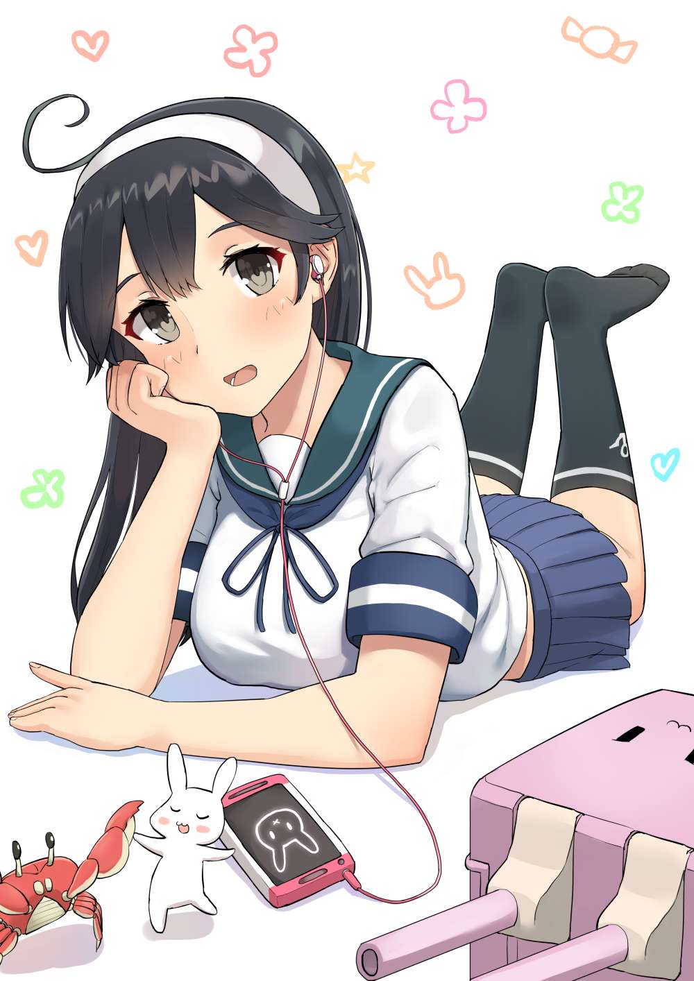 :d ahoge bangs black_eyes black_hair black_legwear blue_sailor_collar blue_skirt blush bunny cellphone commentary_request crab earphones feet_up fingerless_gloves gloves hairband head_rest head_tilt heart highres jpeg_artifacts kantai_collection listening_to_music long_hair looking_at_viewer loop no_shoes open_mouth phone pleated_skirt remodel_(kantai_collection) revision sailor_collar school_uniform serafuku shirt short_sleeves simple_background skirt smartphone smile socks solo soushou_nin turret ushio_(kantai_collection) white_background white_shirt