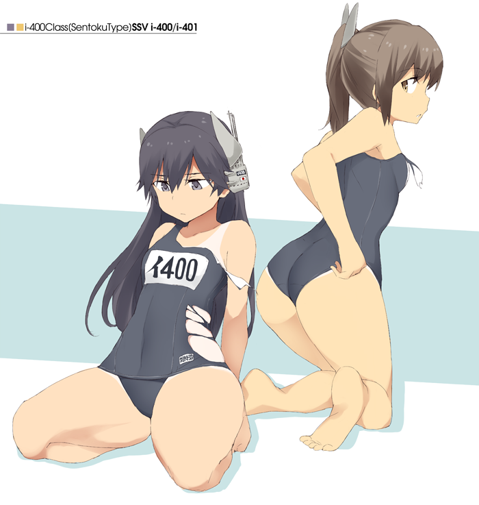 ass barefoot black_eyes black_hair black_swimsuit brown_eyes brown_hair character_name from_behind hair_ornament hairclip headgear i-400_(kantai_collection) i-401_(kantai_collection) kantai_collection long_hair looking_back multiple_girls name_tag one-piece_swimsuit one-piece_tan open_mouth ponytail school_swimsuit short_hair short_ponytail sitting souji swimsuit tan tanline torn_clothes wariza