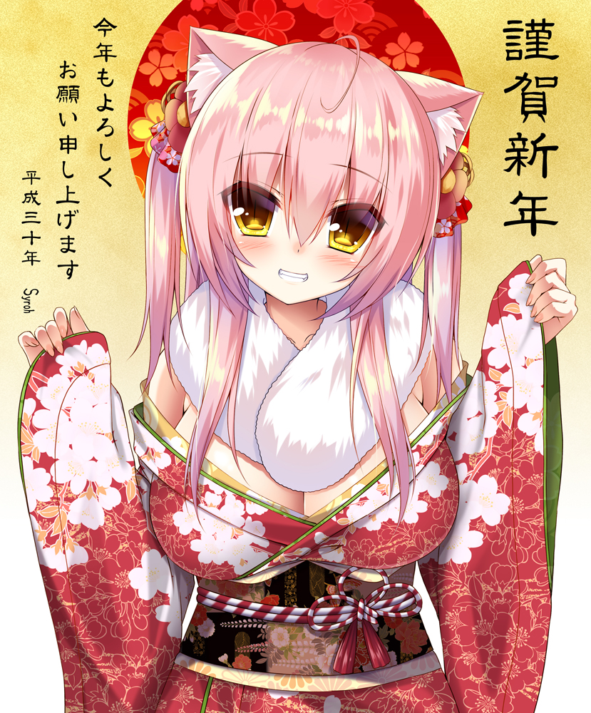 ahoge animal_ears blush breasts cat_ears cleavage eyebrows_visible_through_hair floral_print fur_collar grin hair_ornament japanese_clothes kimono large_breasts long_hair long_sleeves looking_at_viewer original pink_hair revision scarf shia_flatpaddy shiny shiny_hair sleeves_past_wrists slit_pupils smile solo syroh tassel teeth translation_request two_side_up upper_body wide_sleeves yellow_background