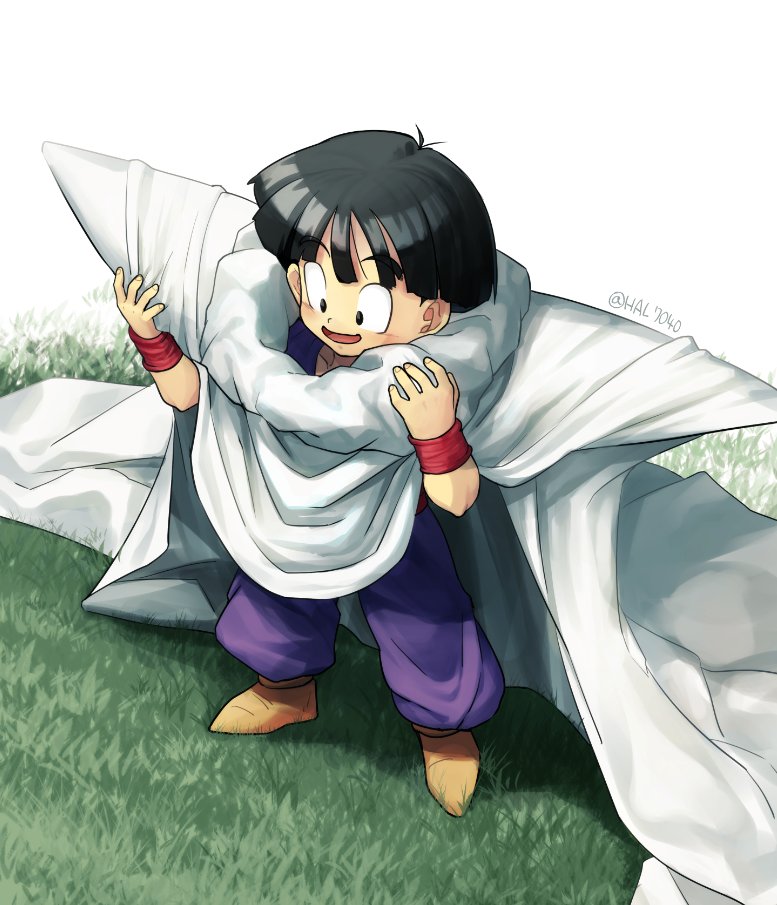 :d armor black_eyes black_hair borrowed_garments cape child commentary_request dragon_ball dragon_ball_z from_above grass hal7040 male_focus open_mouth oversized_clothes shoulder_armor smile solo son_gohan standing twitter_username wristband