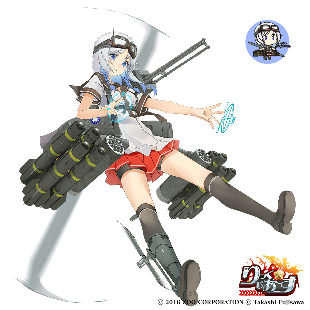 ah-1_supercobra black_legwear blue_eyes character_request chibi copyright_name dorsiflexion goggles goggles_on_head gun holographic_interface looking_at_viewer missiles official_art radiosity_(yousei) red_skirt rick_g_earth skirt solo thighhighs watermark weapon white_hair