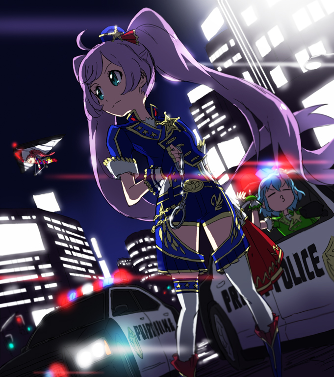 ahoge aircraft backlighting blue_hair blue_shirt blue_shorts brown_hair building car closed_eyes closed_mouth commentary_request dorothy_west dutch_angle glider gold_trim green_shirt ground_vehicle hair_between_eyes light long_hair manaka_lala motor_vehicle multiple_girls night night_sky open_mouth police_car ponytail pretty_(series) pripara purple_hair shimanebeam shiratama_mikan shirt short_hair short_sleeves shorts sky standing star traffic_light twintails very_long_hair