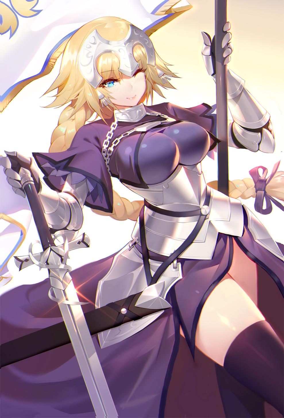 armor armored_dress blonde_hair blue_eyes braid breasts calder dutch_angle fate/apocrypha fate_(series) gradient gradient_background headpiece highres jeanne_d'arc_(fate) jeanne_d'arc_(fate)_(all) large_breasts long_braid long_hair planted_sword planted_weapon single_braid skindentation smile standard_bearer sword thighhighs thighs walking weapon
