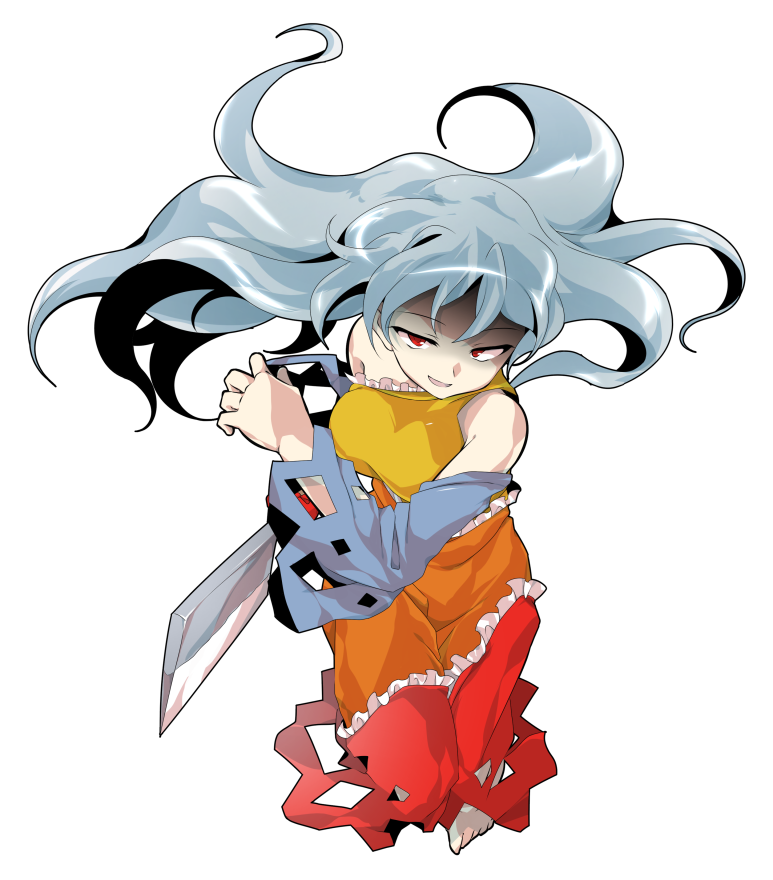 alphes_(style) bangs bare_shoulders barefoot breasts dairi detached_sleeves diamond_(shape) dress floating_hair frilled_dress frills full_body grey_hair hair_between_eyes hatchet holding long_hair long_sleeves looking_at_viewer medium_breasts multicolored multicolored_clothes multicolored_dress nose_hatchet open_mouth orange_dress oriental_hatchet parody rape_face red_dress red_eyes red_ribbon ribbon sakata_nemuno shaded_face single_strap smile solo style_parody touhou transparent_background tsurime wide_sleeves yellow_dress