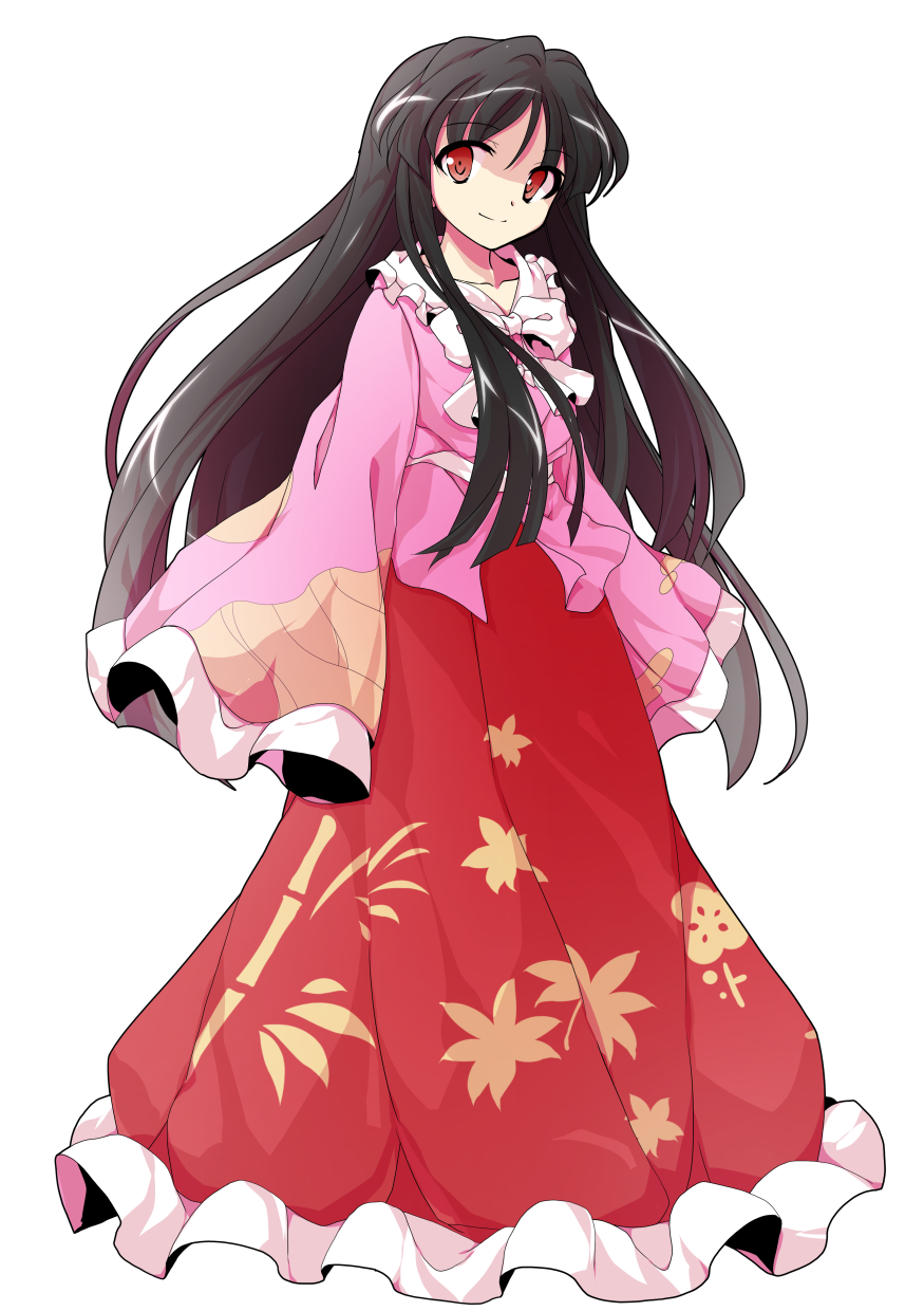 arms_at_sides bamboo bangs black_hair bow closed_mouth collarbone collared_shirt dairi eyebrows eyebrows_visible_through_hair frilled_shirt_collar frilled_skirt frilled_sleeves frills full_body hair_between_eyes highres houraisan_kaguya leaf leaf_print long_hair long_skirt long_sleeves looking_away looking_to_the_side maple_leaf pink_shirt red_eyes red_skirt shirt sidelocks skirt sleeves_past_wrists smile solo standing tareme touhou transparent_background very_long_hair white_bow wide_sleeves