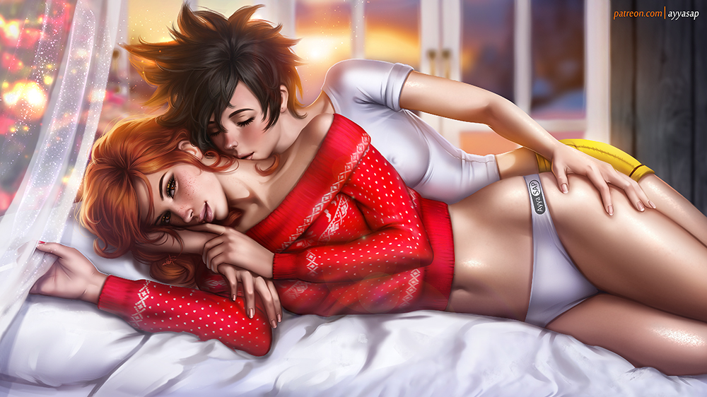 artist_name ayya_saparniyazova bed blurry breasts christmas_tree closed_eyes couple covered_nipples curtains depth_of_field emily_(overwatch) freckles hand_on_another's_ass indoors looking_at_viewer lying medium_breasts multiple_girls nail_polish navel no_pants on_bed on_side overwatch panties parted_lips patreon_username realistic red_hair red_nails red_sweater see-through shirt short_hair short_sleeves shorts smile spiked_hair sweater tracer_(overwatch) underwear white_panties white_pillow white_shirt window yellow_shorts yuri