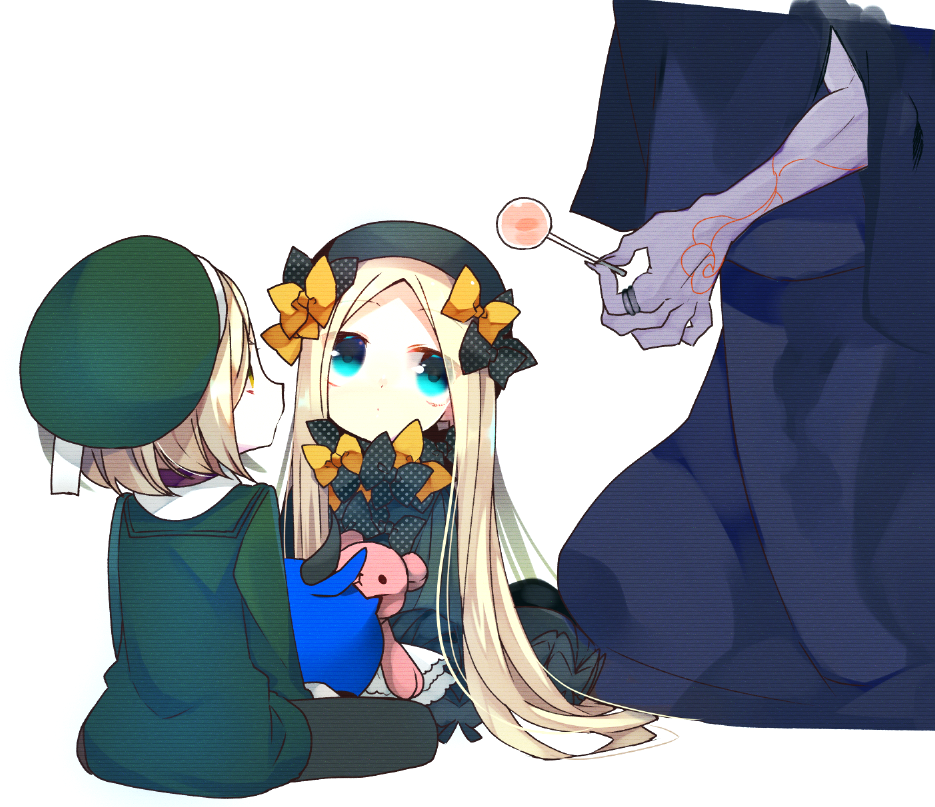 abigail_williams_(fate/grand_order) babe_(fate) bangs beret black_bow black_dress black_hat blonde_hair blue_eyes bow candy caster_(fate/zero) commentary_request dress fate/grand_order fate_(series) food forehead gloves hair_bow hat holding holding_stuffed_animal lollipop long_hair multiple_girls orange_bow overalls pantyhose parted_bangs paul_bunyan_(fate/grand_order) polka_dot polka_dot_bow short_hair sleeves_past_wrists stuffed_animal stuffed_toy ume_(pickled_plum) yellow_eyes