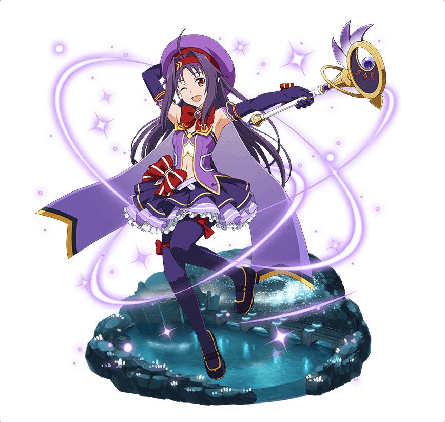 ;d ahoge arm_up armpits bow bowtie elbow_gloves floating_hair full_body gloves hat headband holding holding_staff layered_skirt long_hair looking_at_viewer magical_girl midriff miniskirt navel official_art one_eye_closed open_mouth pointy_ears purple_gloves purple_hair purple_hat purple_legwear purple_skirt red_bow red_eyes red_neckwear simple_background skirt smile solo staff stomach sword_art_online sword_art_online:_code_register thigh_strap very_long_hair white_background yuuki_(sao)