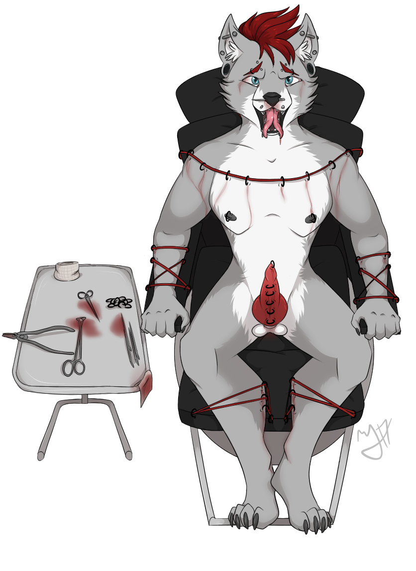 blood canine clamp forked_tongue frenum_ladder frenum_piercing genital_piercing gidgetech gore goretober hair male mammal needles penis penis_piercing piercing play_piercing prince_albert_piercing red_hair restrained rexcanis tongue wolf