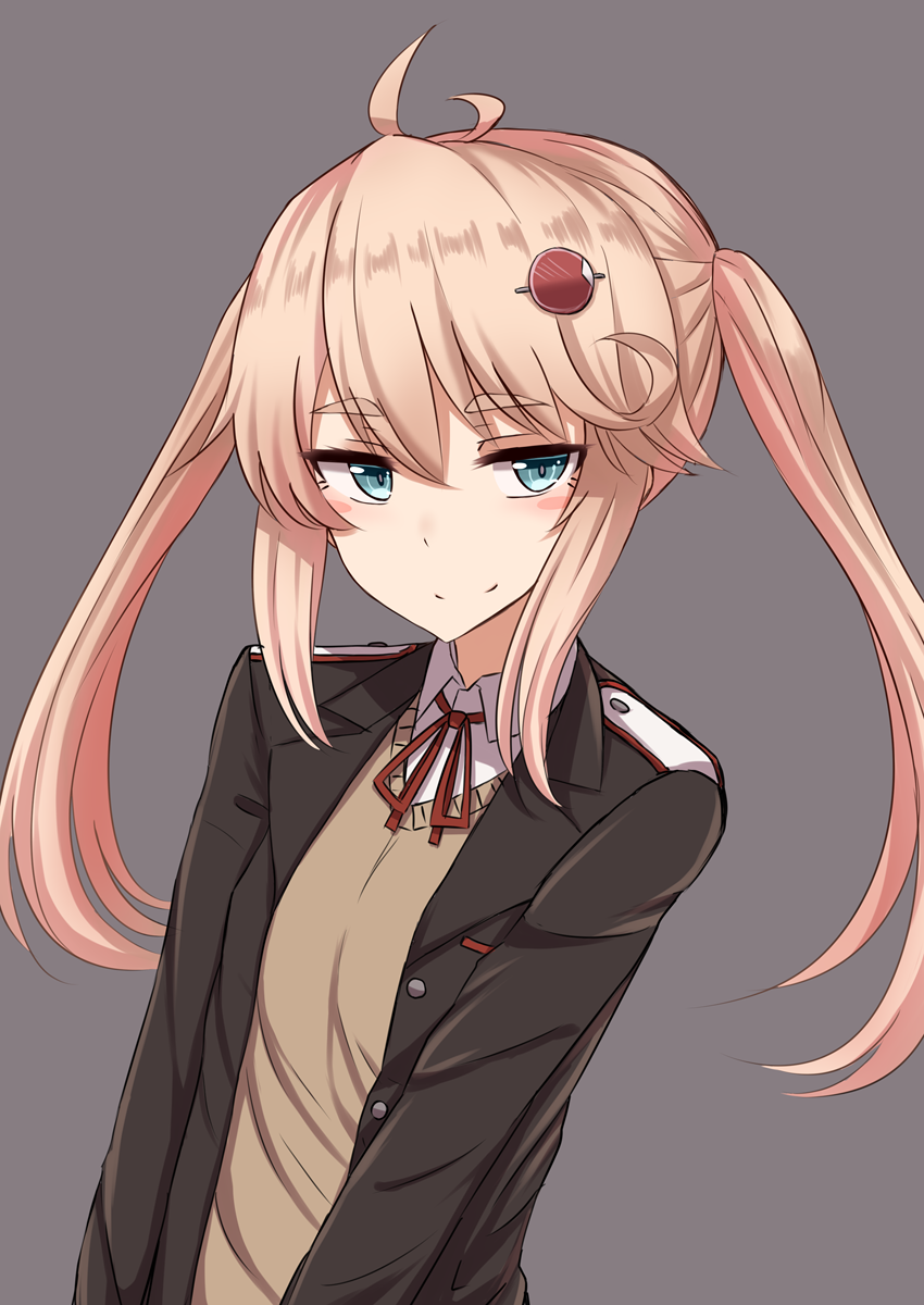 bangs black_jacket blue_eyes blush_stickers closed_mouth collared_shirt eyebrows_visible_through_hair hair_between_eyes hair_ornament highres jacket light_brown_hair long_hair open_clothes open_jacket original rabochicken red_ribbon ribbon school_uniform shirt sidelocks smile solo sweater_vest twintails white_shirt