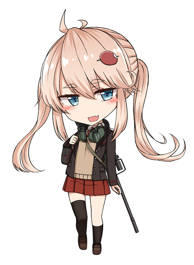 :d ahoge bag bangs black_jacket black_legwear blush_stickers brown_footwear chibi collared_shirt ear_protection eyebrows_visible_through_hair fang full_body gun hair_between_eyes head_tilt jacket kneehighs light_brown_hair loafers long_hair long_sleeves looking_at_viewer open_clothes open_jacket open_mouth original pleated_skirt rabochicken red_skirt rifle rifle_on_back school_bag school_uniform scope shirt shoes sidelocks sight simple_background single_kneehigh single_thighhigh skirt smile solo standing standing_on_one_leg sweater_vest thick_eyebrows thighhighs twintails very_long_hair weapon weapon_on_back white_background white_shirt
