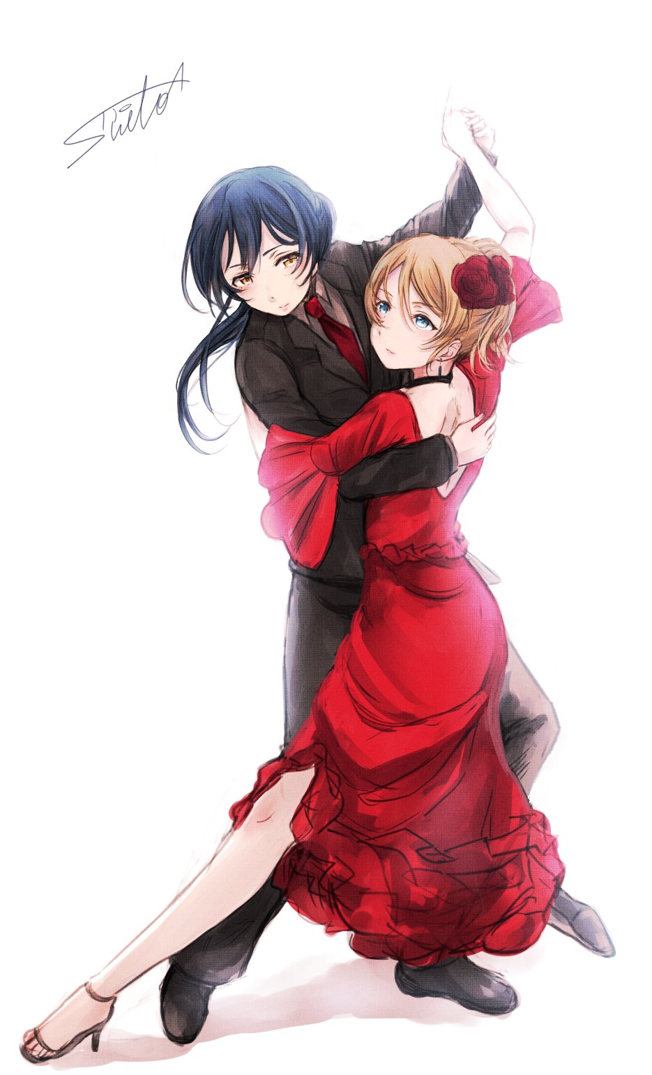 ayase_eli bangs blonde_hair blue_eyes blue_hair blush business_suit commentary_request dancing dress flower formal hair_flower hair_ornament highres long_hair love_live! love_live!_school_idol_project multiple_girls necktie red_dress red_neckwear signature simple_background sonoda_umi suit suito white_background yellow_eyes
