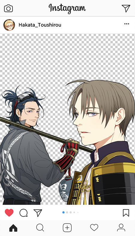 armor black_hair brown_hair fake_screenshot goggles goggles_on_head gourd hakata_toushirou heshikiri_hasebe instagram japanese_armor jumpsuit looking_back male_focus multiple_boys nihongou_(touken_ranbu) parted_lips purple_eyes red_eyes shoulder_armor smile sode touken_ranbu twoframe