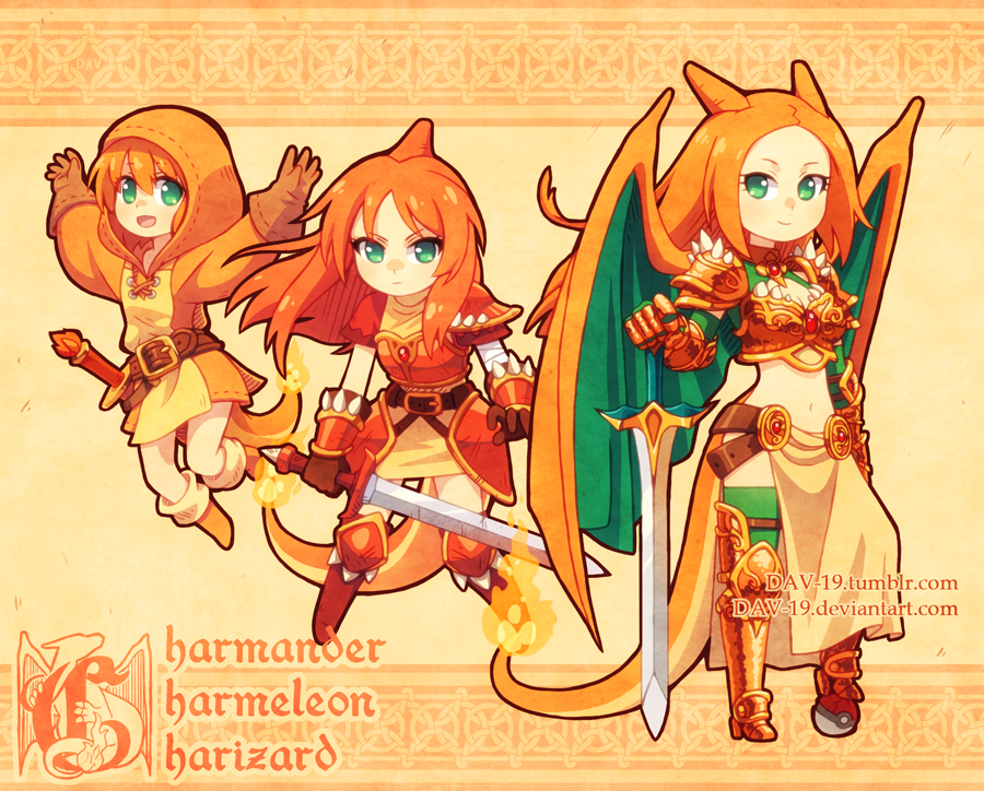 bandaged_arm bandages bangs beanie beige_background belt breasts brown_gloves buckle character_name charizard charmander charmeleon child claws cleavage closed_mouth dav-19 evolution eyelashes fiery_tail fighting_stance fire flat_chest gauntlets gen_1_pokemon gloves green_eyes hair_between_eyes happy hat holding holding_sword holding_weapon horn horns jumping long_hair long_sleeves looking_at_viewer midriff multiple_girls multiple_sources navel orange_hair parted_bangs personification poke_ball poke_ball_(generic) pokemon pokemon_(creature) serious shoes short_sleeves shoulder_blades small_breasts spikes standing sword tail watermark weapon web_address