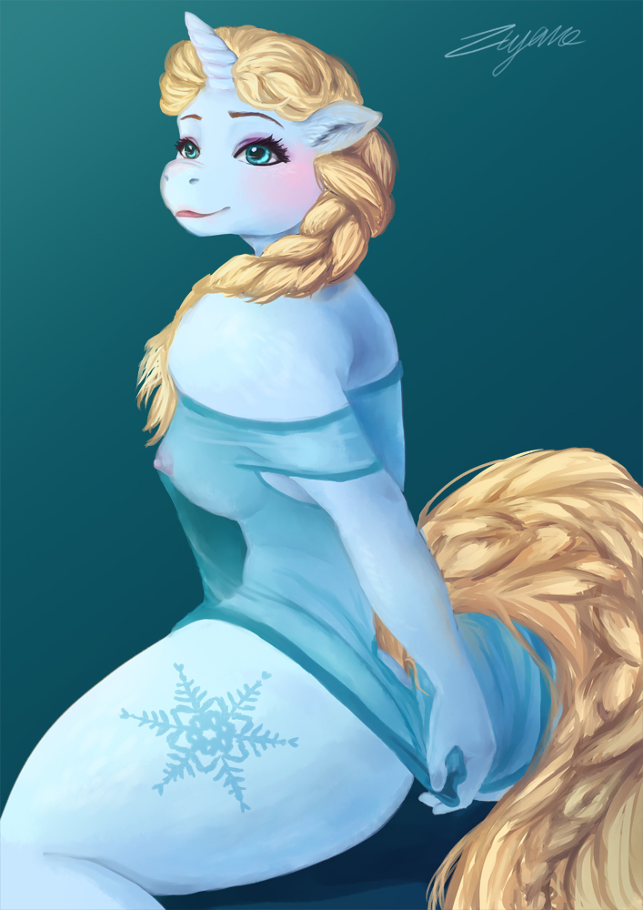 2017 alternate_species anthro blonde_hair blue_background blue_eyes blush braided_hair braided_tail breasts clothing cutie_mark elsa equine female frozen_(movie) furgonomics furrification hair horn inner_ear_fluff kneeling looking_at_viewer looking_back mammal my_little_pony nipples rear_view simple_background smile solo spread_legs spreading translucent transparent_clothing unicorn ziyane