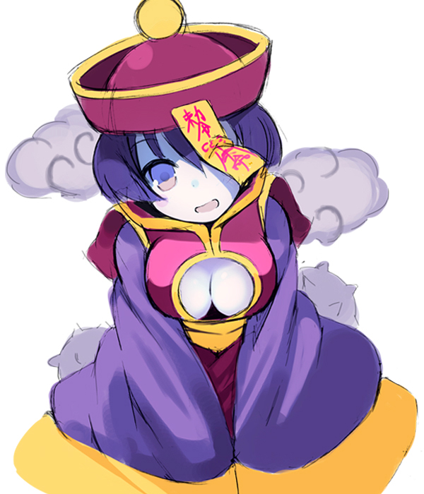 :d bangs blush_stickers breasts chinese_clothes cleavage cleavage_cutout dress dutch_angle eyebrows_visible_through_hair hair_between_eyes hat jiangshi kurasuke large_breasts lei_lei long_sleeves looking_at_viewer ofuda one_eye_covered open_mouth pale_skin purple_dress purple_eyes purple_hair purple_hat short_hair sleeves_past_wrists smile solo vampire_(game) white_background wide_sleeves