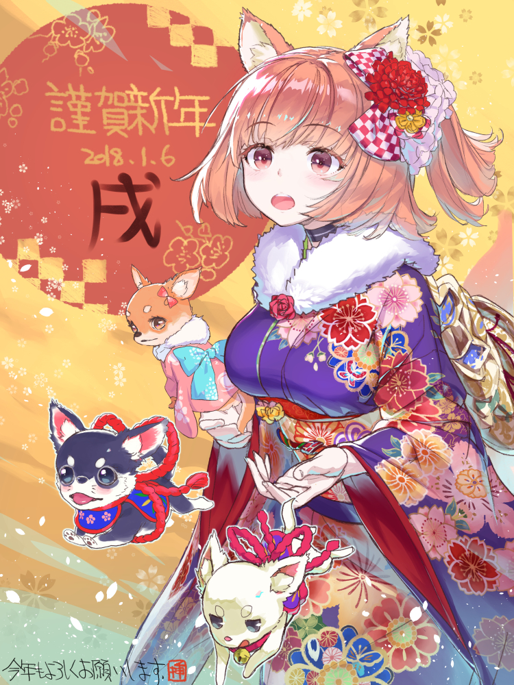 animal animal_ears bangs bell black_choker blush breasts brown_eyes brown_hair chihuahua chinese_zodiac choker clothed_animal commentary_request dog_ears eyebrows_visible_through_hair fingernails floral_print flower fur_collar hair_flower hair_ornament japanese_clothes jingle_bell kimono large_breasts long_sleeves nengajou new_year obi open_mouth original pink_kimono print_kimono purple_kimono red_flower sanbasou sash solo translation_request upper_teeth wide_sleeves year_of_the_dog