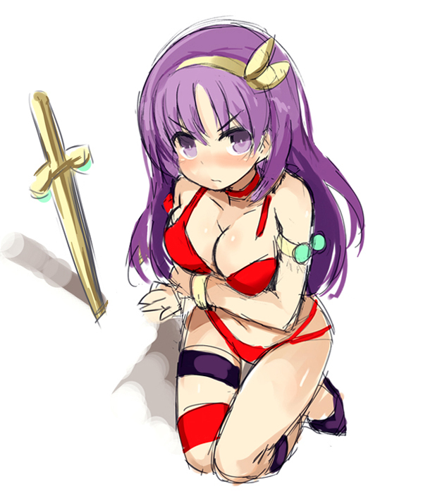 arm_support bangs bare_shoulders bikini blush bracelet breast_hold breasts cleavage closed_mouth eyebrows_visible_through_hair hair_between_eyes hairband halter_top halterneck jewelry kurasuke long_hair looking_at_viewer medium_breasts nose_blush planted_sword planted_weapon princess_athena purple_eyes purple_footwear purple_hair red_bikini sketch snk solo swimsuit sword thigh_strap torn_bikini v-shaped_eyebrows very_long_hair weapon white_background yellow_hairband