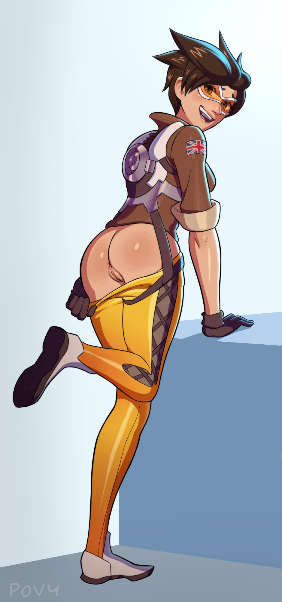 1girl anus artist_name ass brown_hair from_behind gloves goggles jacket leg_up looking_back open_mouth overwatch parted_lips pussy short_hair solo spiked_hair tracer_(overwatch) uncensored union_jack upper_teeth