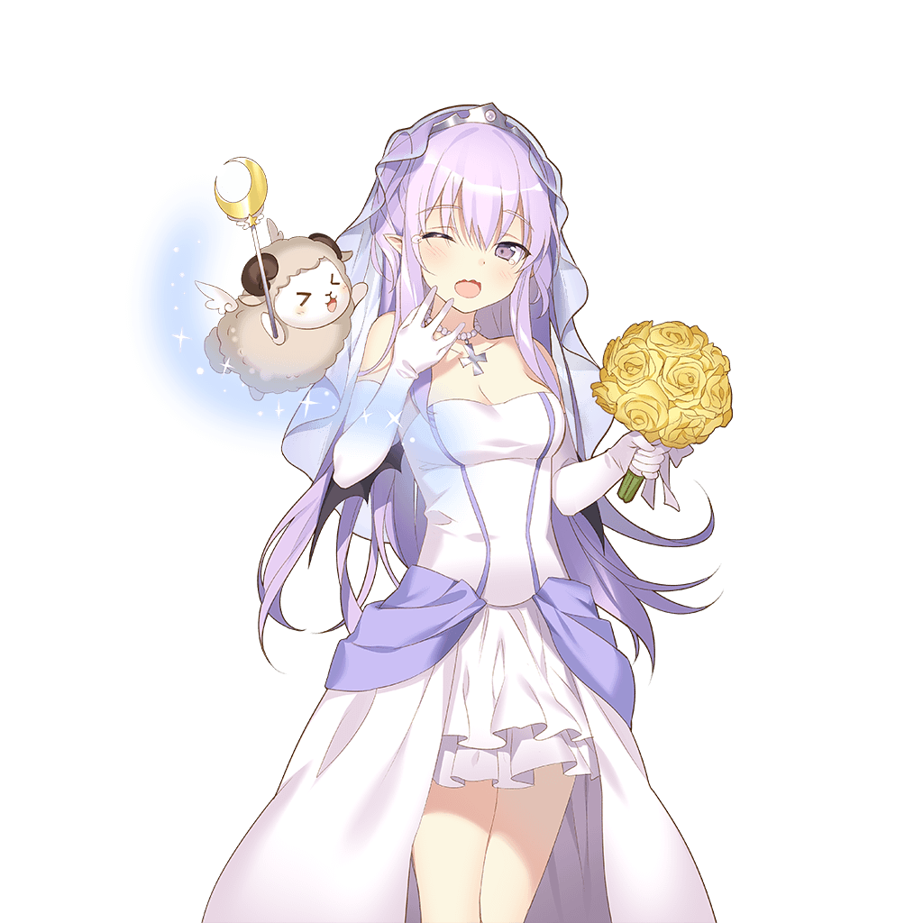 bat_wings bead_necklace beads black_wings bouquet breasts cleavage cowboy_shot cross cross_necklace dress elbow_gloves flower gloves hand_to_own_mouth holding holding_bouquet jewelry lavender_hair long_hair medium_breasts miss_barbara necklace official_art one_eye_closed open_mouth pointy_ears purple_eyes rie_(reverie) sheep solo tears transparent_background uchi_no_hime-sama_ga_ichiban_kawaii veil wand white_gloves wings yawning