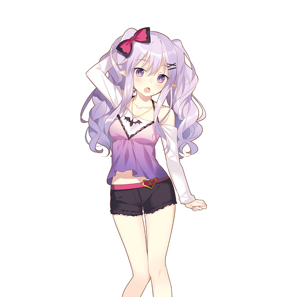 arm_up bow clenched_hand collarbone fang hair_bow hair_ornament hairclip halterneck hand_behind_head jewelry lavender_hair long_hair long_sleeves looking_at_viewer miss_barbara necklace official_art open_mouth pointy_ears purple_eyes rie_(reverie) shorts solo transparent_background twintails uchi_no_hime-sama_ga_ichiban_kawaii