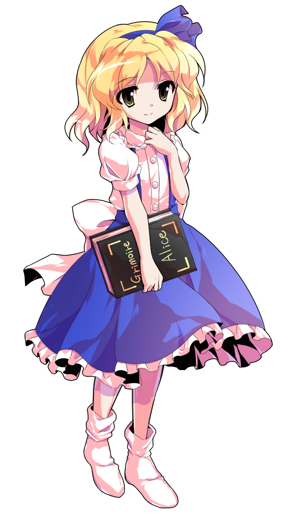 alice_margatroid alice_margatroid_(pc-98) alphes_(style) bangs bare_arms blonde_hair blue_hairband blue_ribbon blue_skirt bobby_socks book buttons closed_mouth dairi english eyebrows eyebrows_visible_through_hair frilled_skirt frills full_body grimoire_of_alice hair_between_eyes hairband holding holding_book leg_up legs_apart open_book parody parted_bangs puffy_short_sleeves puffy_sleeves ribbon shirt short_hair short_sleeves skirt smile socks solo standing style_parody touhou touhou_(pc-98) transparent_background white_legwear white_shirt yellow_eyes