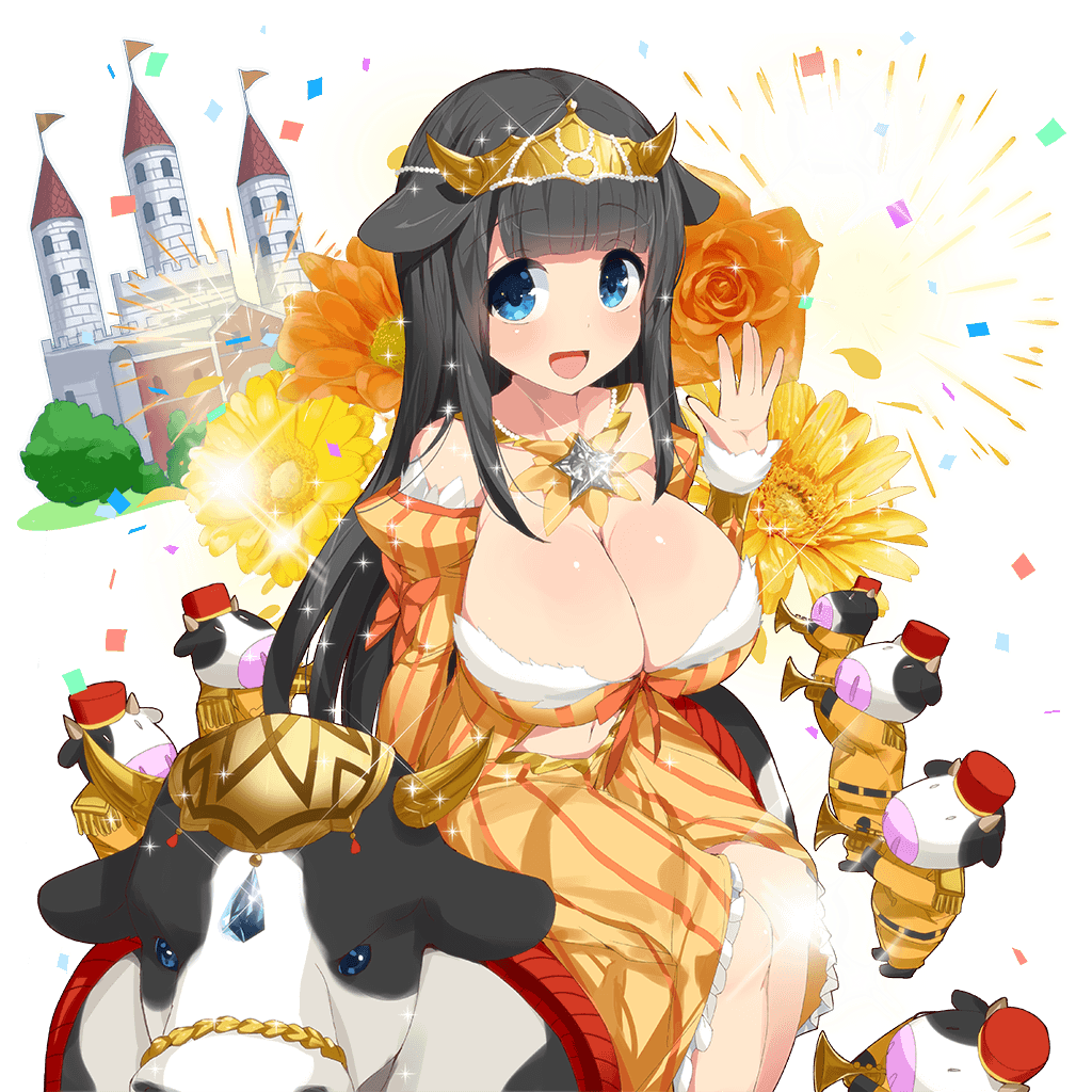 bangs black_hair blue_eyes blunt_bangs breasts castle cleavage confetti cow detached_sleeves dress eyebrows_visible_through_hair fireworks flower hair_flaps headdress kusaka_souji large_breasts long_hair looking_at_viewer miru_holstein official_art open_mouth riding solo sparkle striped transparent_background uchi_no_hime-sama_ga_ichiban_kawaii vertical-striped_dress vertical_stripes