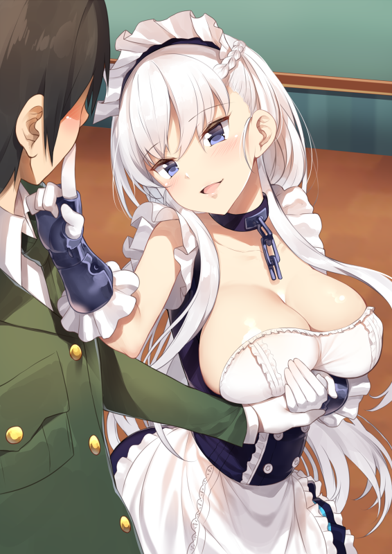 1girl apron azur_lane bangs belfast_(azur_lane) blue_dress blue_eyes blush braid breast_hold breasts broken broken_chain brown_hair buttons chain cleavage collarbone commentary_request corset dress eye_contact eyebrows_visible_through_hair finger_to_another's_mouth frilled_apron frilled_gloves frills gloves green_neckwear hand_up head_tilt hetero holding_hands indoors large_breasts long_hair looking_at_another maid maid_apron maid_headdress necktie open_mouth sleeveless sleeveless_dress standing underbust very_long_hair white_apron yappen