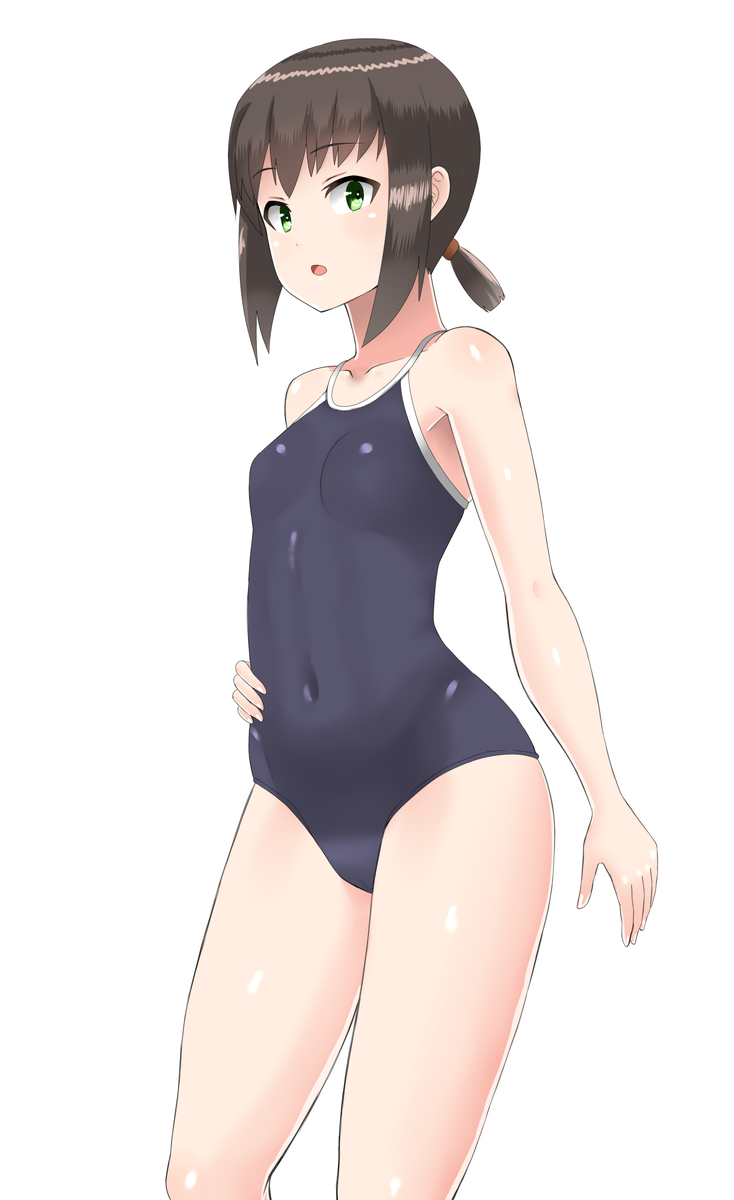 30-06 black_hair black_swimsuit breasts competition_school_swimsuit covered_navel cowboy_shot fubuki_(kantai_collection) green_eyes highres kantai_collection low_ponytail one-piece_swimsuit ponytail school_swimsuit short_hair short_ponytail sidelocks simple_background small_breasts solo swimsuit white_background