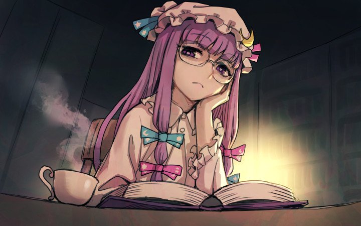 bespectacled book chair chin_rest cup glasses hair_ribbon hat long_hair looking_at_viewer meimaru_inuchiyo mob_cap nightgown patchouli_knowledge purple_eyes purple_hair ribbon solo table touhou