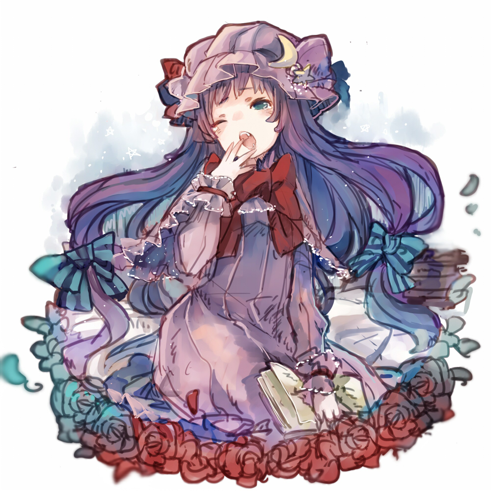 blue_eyes blush book book_stack capelet chobi_(sakuyasakuhana) colorized crescent dress fangs flower gradient gradient_background hair_ornament hair_ribbon hat long_hair long_sleeves mob_cap one_eye_closed open_book open_mouth patchouli_knowledge purple_dress purple_hair ribbon rose sitting sketch solo star touhou white_background yawning