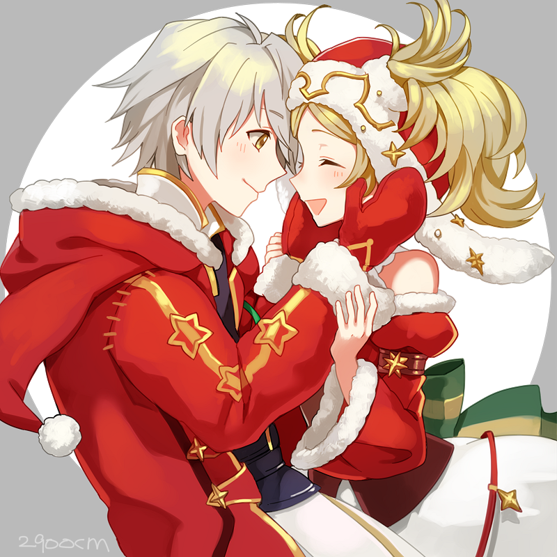 1girl 2900cm blonde_hair blush christmas couple dress fire_emblem fire_emblem:_kakusei fire_emblem_heroes hair_ornament hetero liz_(fire_emblem) long_hair male_my_unit_(fire_emblem:_kakusei) my_unit_(fire_emblem:_kakusei) open_mouth short_hair short_twintails simple_background smile twintails