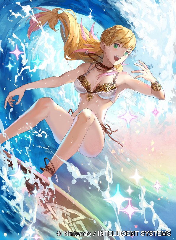 anklet bikini blonde_hair bracelet braid breasts cleavage fire_emblem fire_emblem_cipher fire_emblem_heroes french_braid green_eyes happy jewelry long_hair looking_at_viewer low-tied_long_hair mayo_(becky2006) medium_breasts necklace ocean official_art sharena side-tie_bikini smile surfboard surfing swimsuit water waves