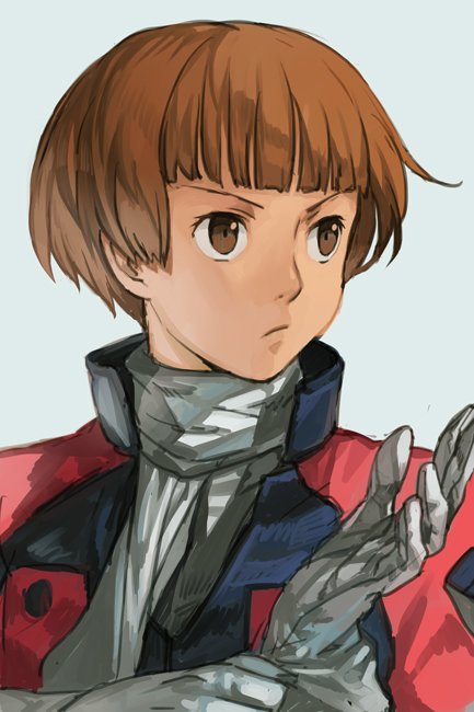 adjusting_clothes adjusting_gloves bangs blue_background blunt_bangs brown_eyes brown_hair closed_mouth gloves gundam hankuri jacket looking_to_the_side simple_background sochie_heim solo turn_a_gundam upper_body white_gloves